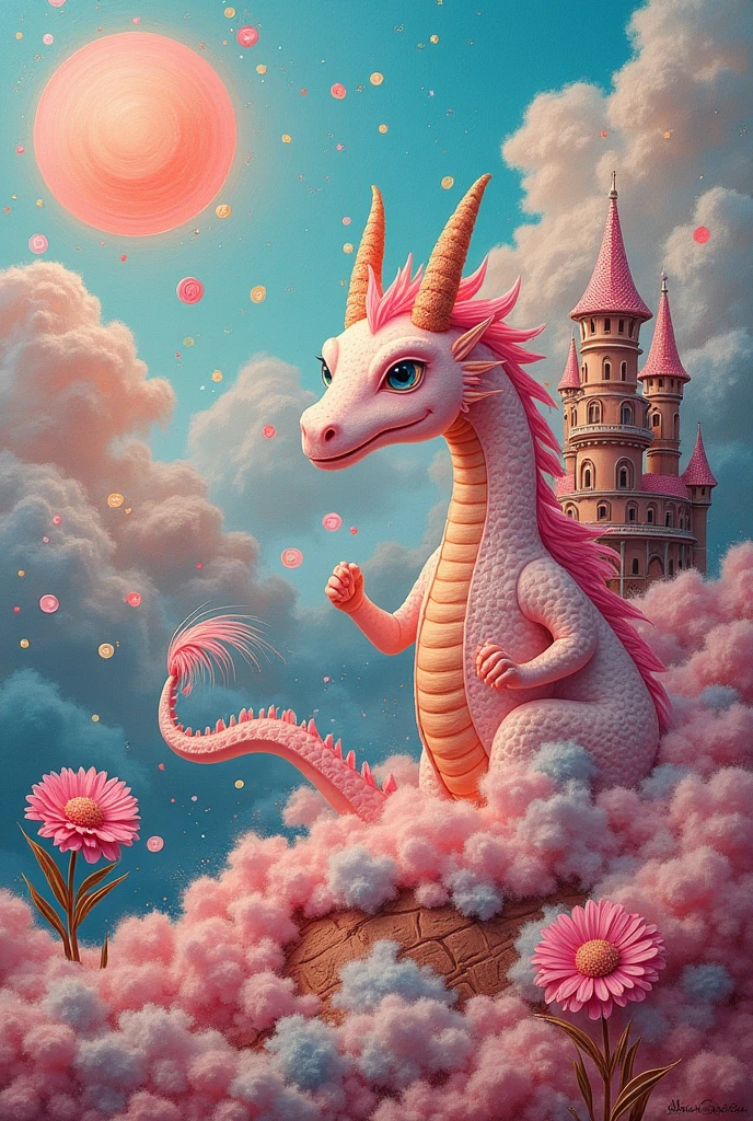 fantasy world, fluffy, random color, pastel colors, made of (cotton candy, cookies, biscuits, chocolate), Greek mythology, Dragon carrying a child on its back, castle, smiling sun, flowers, city, iridescent glitter effects, fusion of acrylic and collage paintings, high and fine artwork