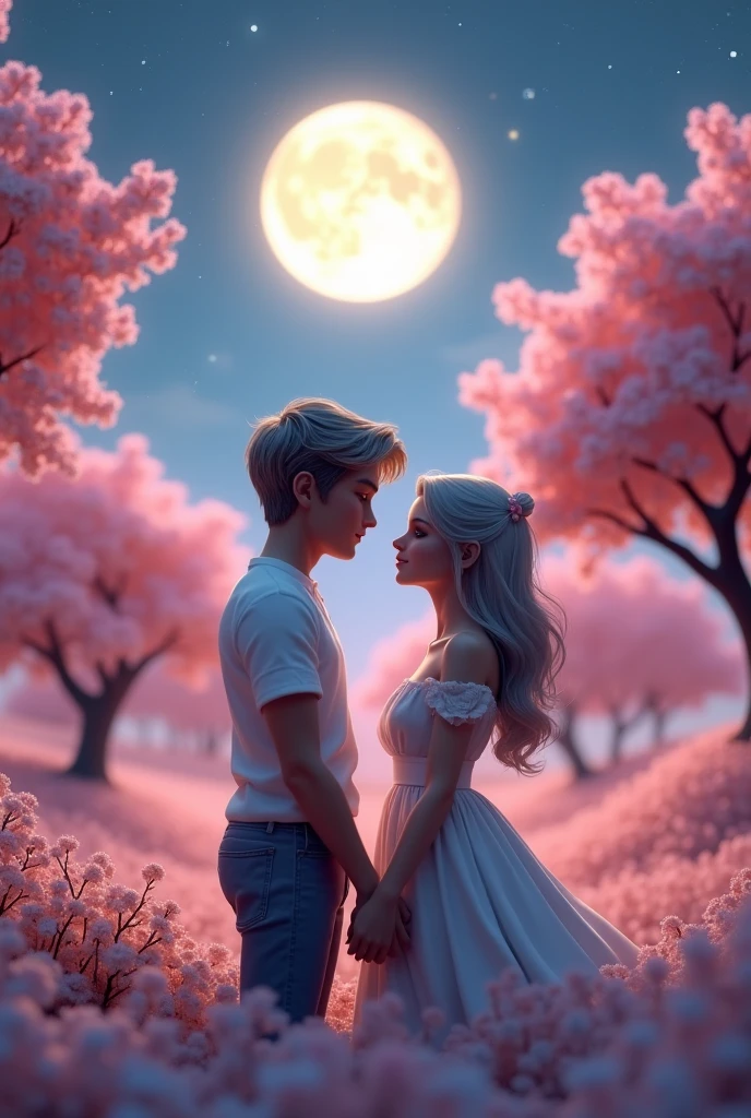 1 3D male creator and 1 3D female creator love point daynigth time and pink trees and full moon night