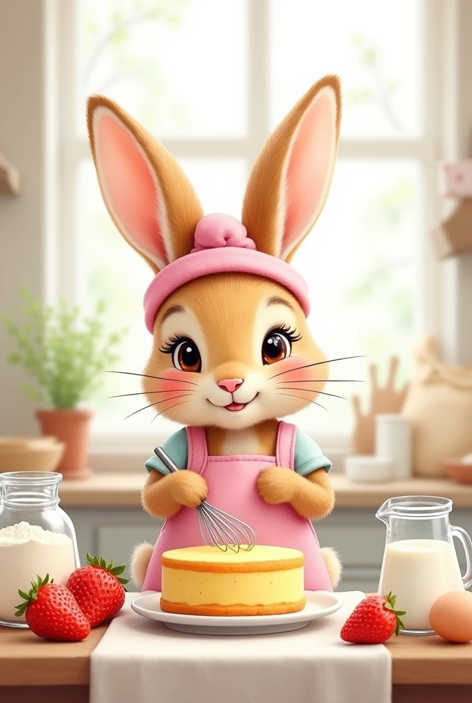 (((watercolor:1.5))) light brown bunny, female, big brown eyes, eye lashes, wearing pink apron, whisking yellow cake batter, simple kitchen bokeh background, baking, watercolor art, peter rabbit art, wearing pink headband, sweet bunny face, pink cheeks, eggs on the table, flour jar on the table, milk on the table, bunny ears up, happy face, smile, ears fully visible, eyes looking at the cake batter, strawberries on the table