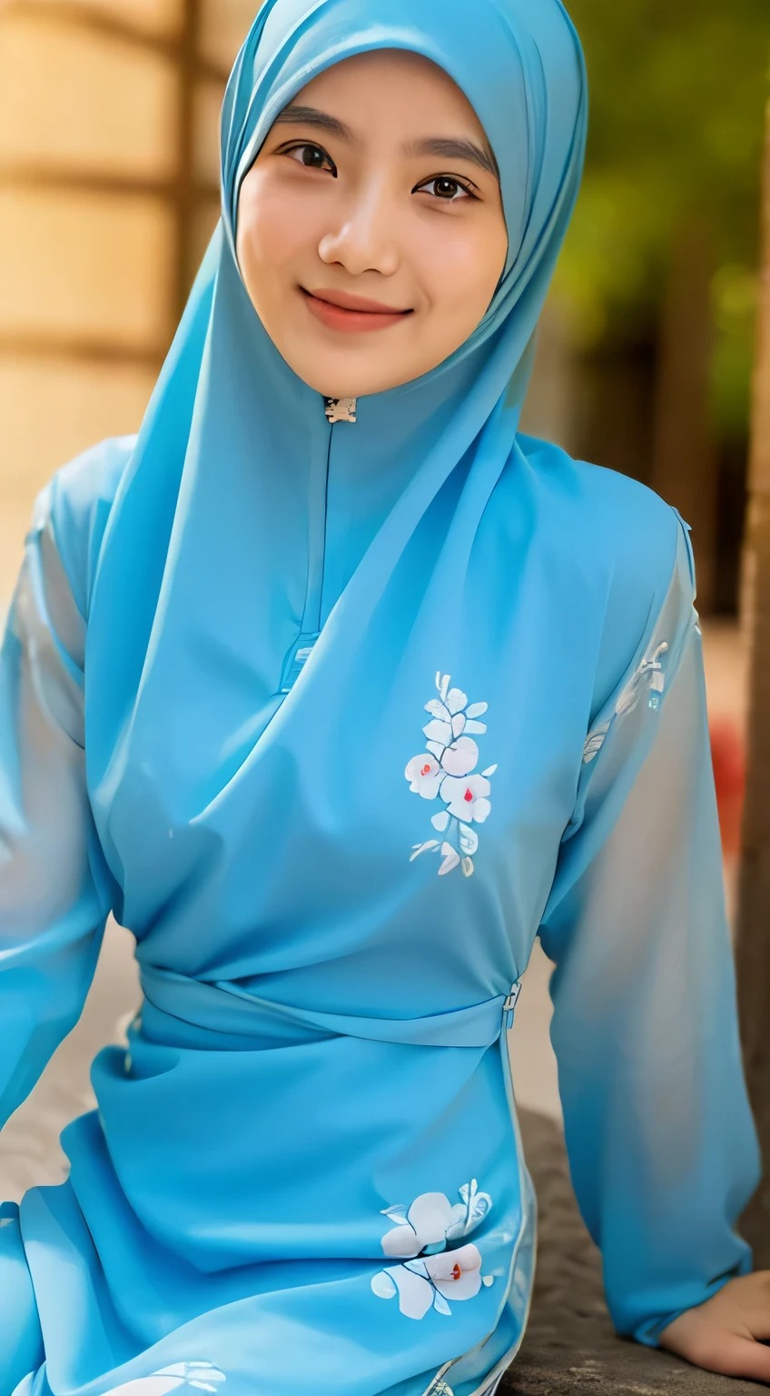 Malay girl in hijab,((wear tight light blue baju kurung with small floral pattern)), Small chest, smile, china-style street, portrait photography, mid shot photo, ultra detail, professional photograph with professional lighting, realistic skin, Super Detail, awardwinning,