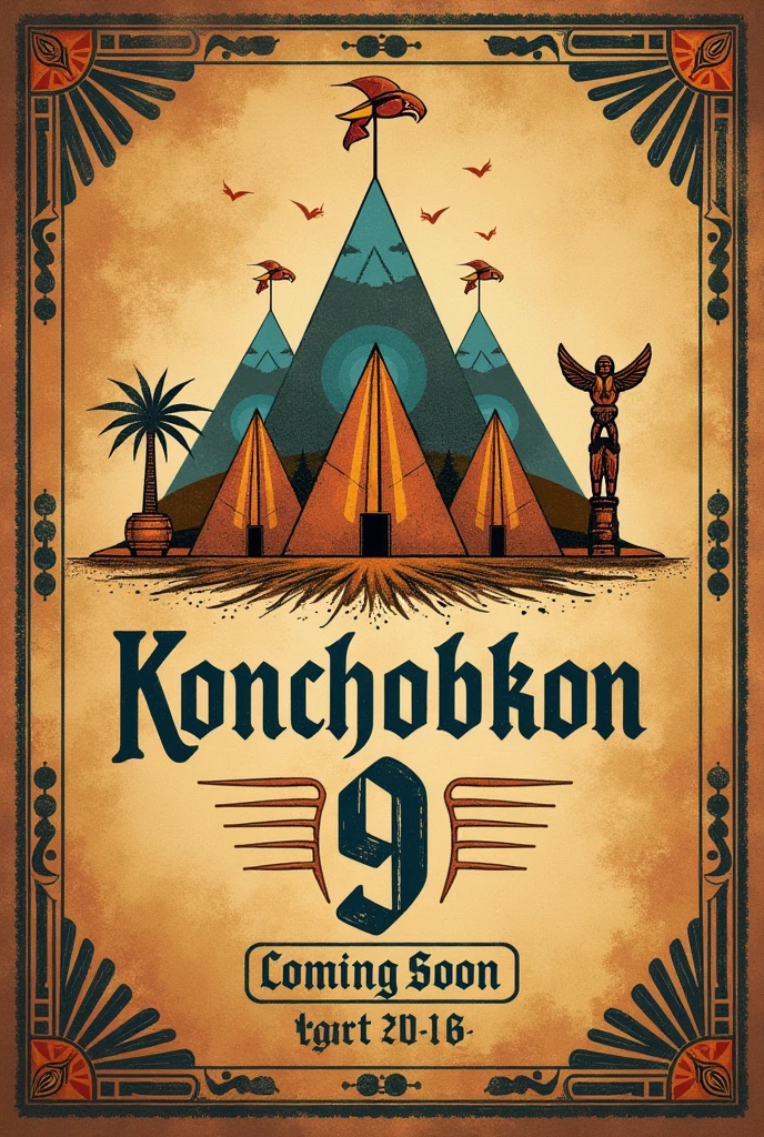 The poster of the camp says “KONCHOBKON 9” and “COMING SOON” and “20-22 DECEMBER 2024” below the image in the ancient font THEME. : TRIBE Tribes such as Egyptians, pyramids, Indians, totem poles