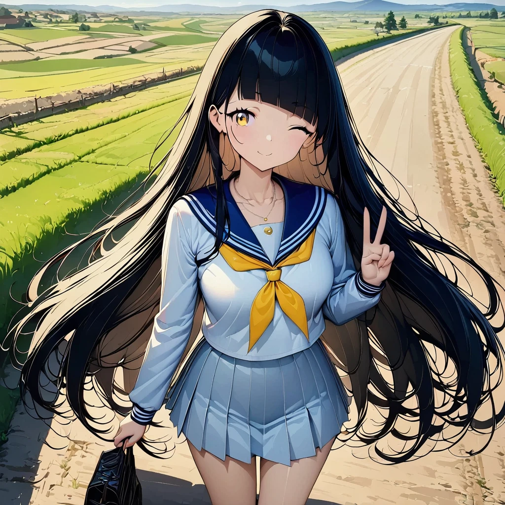 (((anime))) Winking Woman,peace sign,cute,student,Long Hair,Fluffy long hair,(Black Hair),Diagonal bangs,necklace,Yellow Eyes,Big Eyes Sailor Suit,mini skirt,stroll,countryside,Lots of fields,sunlight,masterpiece,Highest quality,Exquisite,8k,Absurd,Ultra-fine illustrations,(View your viewers)