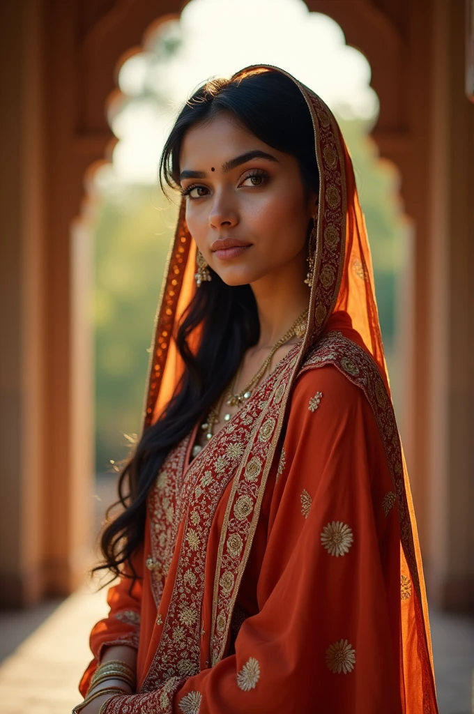 Create an image of a beautiful Indian Muslim girl with a serene expression and expressive eyes. She has warm brown skin and is dressed in traditional cultural Muslim clothing. She wears a beautifully embroidered hijab that drapes gracefully over her shoulders, paired with a long, flowing abaya or salwar kameez in rich, vibrant colors. The outfit is adorned with intricate patterns typical of Indian design. Place her in a setting that complements her attire, such as in front of an ornate Indian doorway or in a peaceful garden with soft sunlight. The mood should convey grace, cultural pride, and elegance.