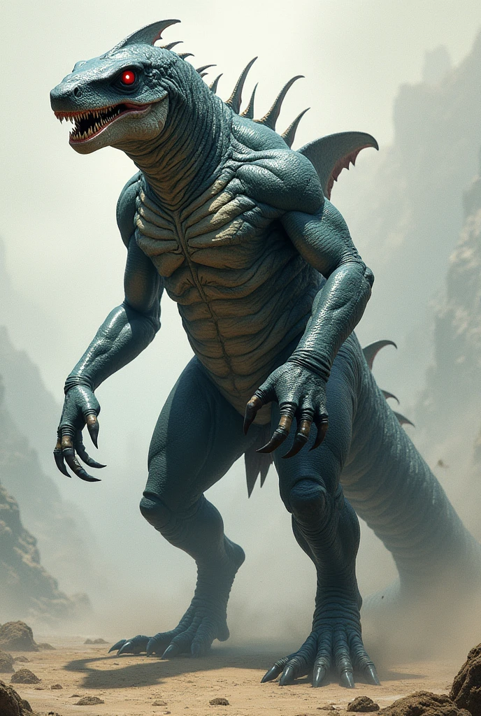 A fearsome hybrid with the sleek, predatory body of a shark and the imposing, reptilian features of a dinosaur. It has a long, streamlined body with armored, scaled skin and powerful fins. The creature’s head merges the shark’s angular jaws with the dinosaur’s fearsome teeth, and it sports menacing red eyes that glow ominously. Its tail is a hybrid of a shark's fin and a dinosaur's robust, muscular tail, designed for both swift swimming and powerful land movement. -ar 9:16