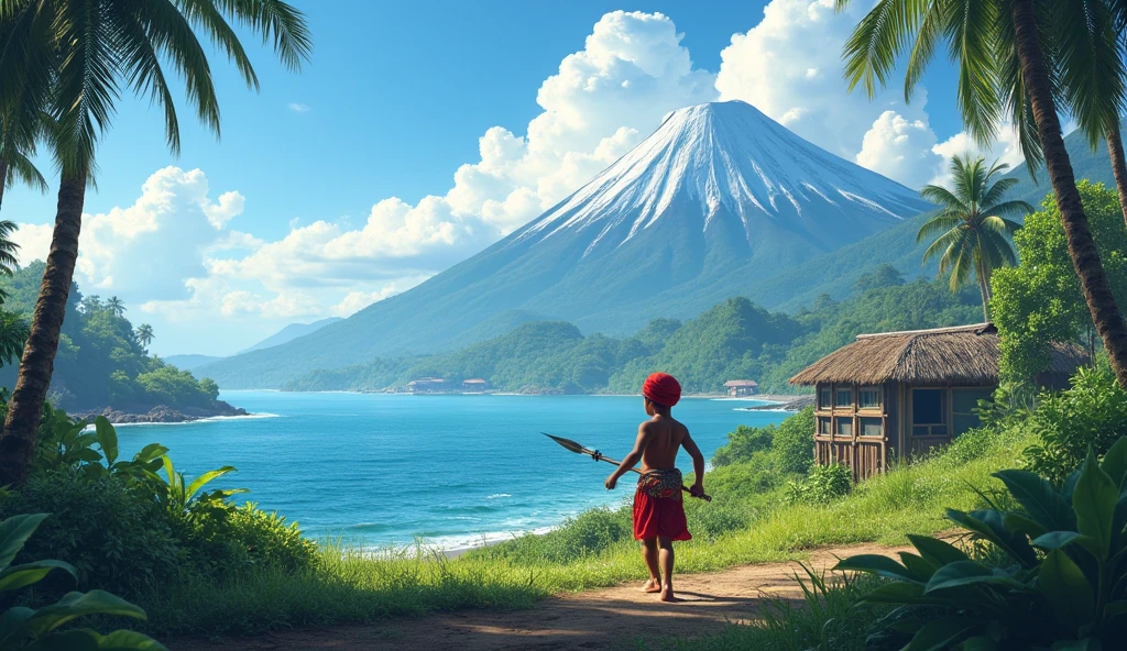 Village from ancient Ternate island, Maluku, Indonesia, beside a ocean and mountain, a young children in ancient Ternate clothing is walking while holding a spear and wear a red traditional Ternate headband, there is no peoples, hyper realistic, masterpiece, best quality, ultra-detailed, UHD, 64K