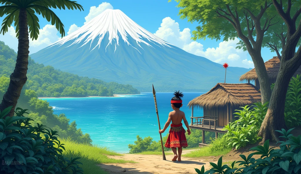 Village from ancient Ternate island, Maluku, Indonesia, beside a ocean and mountain, a young children in ancient Ternate clothing is walking while holding a spear and wear a red traditional Ternate headband, there is no peoples, hyper realistic, masterpiece, best quality, ultra-detailed, UHD, 64K