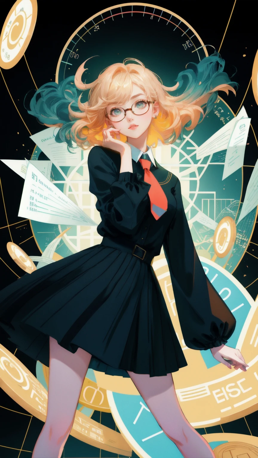 Illustrate a young woman with a quirky and confused expression, standing amidst a chaotic background filled with digital stock market charts, graphs, and financial symbols. She wears oversized round glasses that make her eyes look even larger, emphasizing her perplexed look. Dressed in a business blouse with a loosely tied necktie and sleeves rolled up, she seems to be in the middle of a presentation or explanation. Her hand is raised, pointing at a series of fluctuating lines and bar charts in the background.
The background should be vibrant green, filled with elements like candlestick charts, pie charts, and mathematical symbols to create an atmosphere of financial complexity. Digital coins like Bitcoin, Ethereum, and Dogecoin are subtly included to add a touch of humor to the scene. Ensure the background elements and color theme are consistent and visually engaging, without any text in the image.