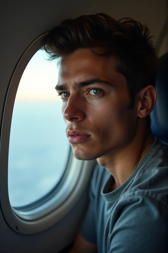 Young guy sitting in airplane window seat closeup picture front pose