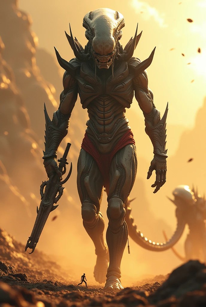 A fearsome and legendary xenomorph warrior, huge and brave, posing imposingly from head to toe, steps onto the battlefield. face painted with intimidating tribal markings. He wears animal skin armor that reveals the scars of past battles. He wields a shrapnel forged by the gods, which reflects the sunlight in the heat of battle, he advances at a steady pace while his enemies tremble, looking like dolls incapable of stopping him. best quality 8k