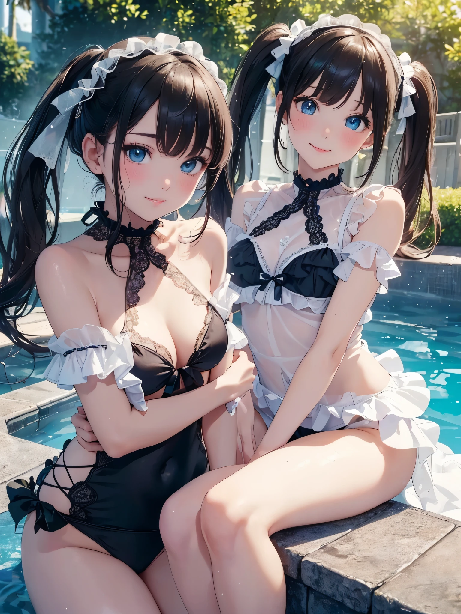 ((masterpiece)), ((highest quality、Ultra high definition)), (Very detailed),(8k、Photo quality)、((Amazingly cute girl)),1 girl)), Two people, , (Beautiful emerald blue eyes), ((smile、Small breasts)),In the open-air bath overlooking the sea, Beautifully arranged black hair in twin tails、Slim Body、((Cute swimsuit with lace and frills))、Professional Lighting、(White lace knee-highore detailed and beautiful)、(More details and cutenesore realistic)、((Just wear light clothing))、Frolic in the pool、((unbelievably cute))、((A cute pose))、((Night view))、(Have a drink to stay hydrated)、((Taking a shower))、((Low angle close up on knee))、