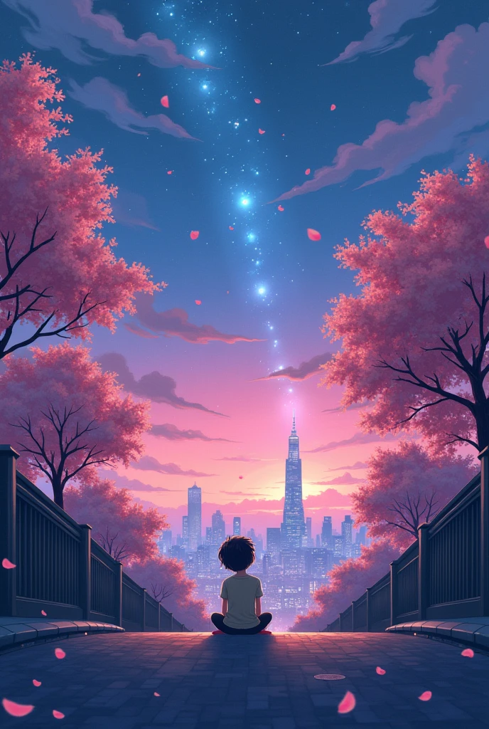 Lofi image of a  guy sitting down on a street going down to the city staring at starry sky with pink purple and blue sky and a street with cityscape in background down below and cherry blossoms with slight petals falling 