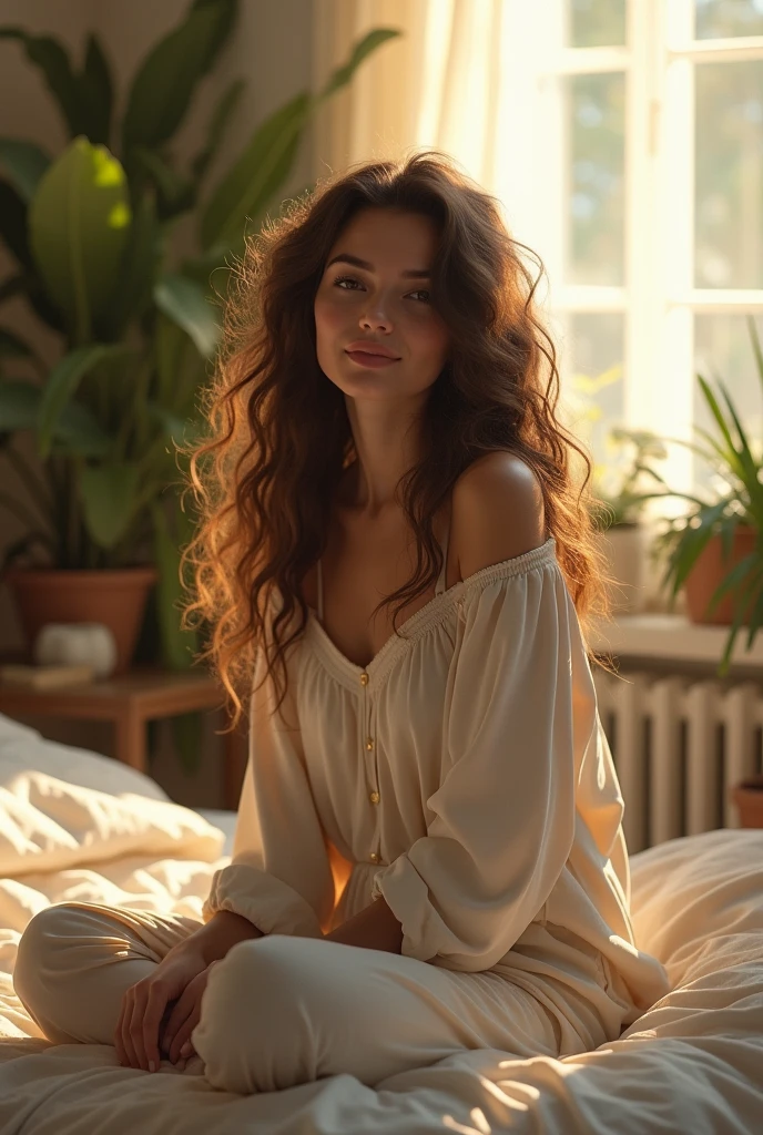 (photorealism:1.2), beautiful woman, sitting on bed, wearing loose off-shoulder top, pajama pants, long curly hair, indoors, soft lighting, plants in background, window with sunlight, cozy room, relaxed pose, realistic, intricate details, warm colors, by Greg Rutkowski, by Alphonse Mucha