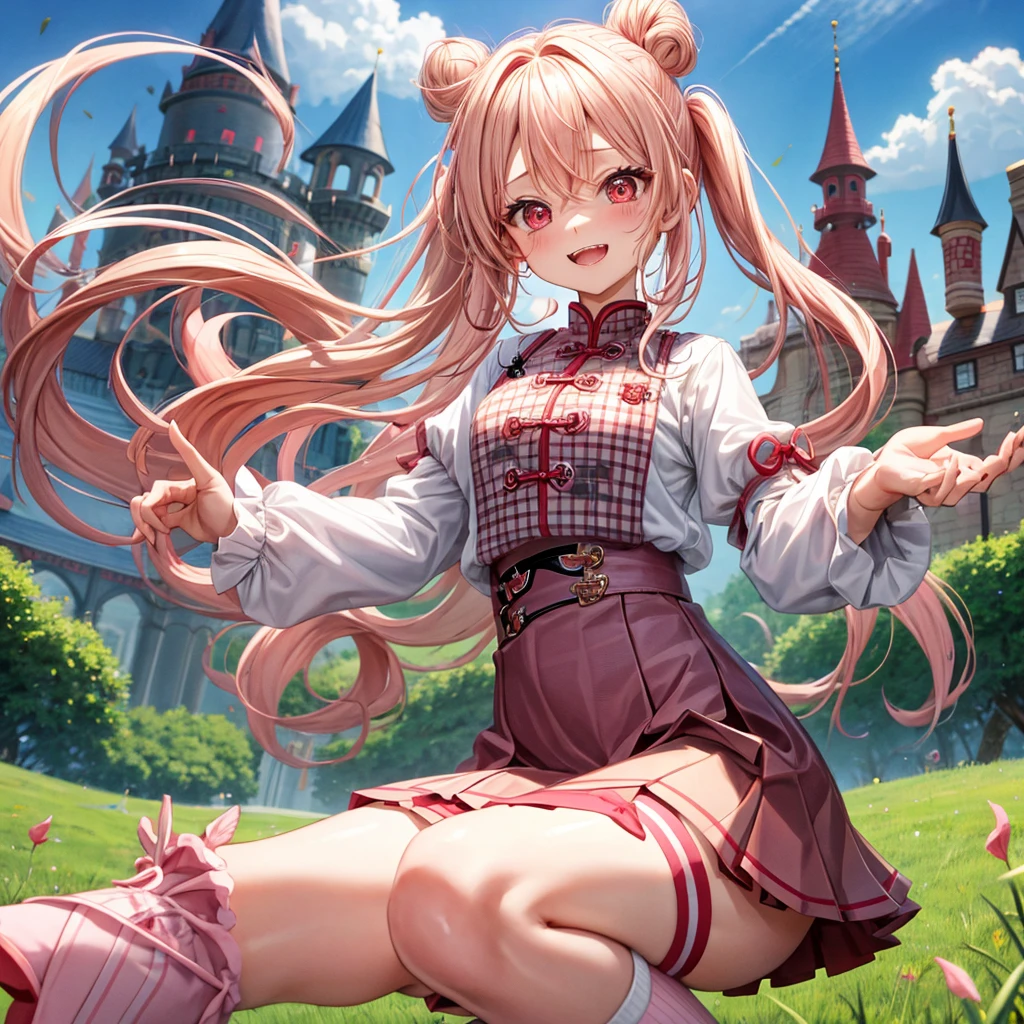 Pink Blonde、Red eyes、Wavy Hair、Hair tied up、Two cute、Checked mini skirt、China、Knee-high socks、Teeth are visible、Monster Castle、Tilting face、grass、There's a stake stuck in the ground、In front of the city gates、Underground tunnels、Iron suspension bridge、The stone is cracked、Ashura Statue、Giant wood、There is a step on the ground、Piglet