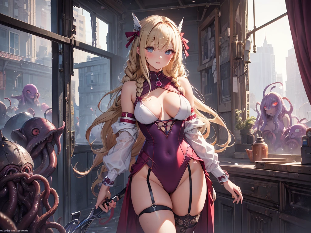 high resolution:1.7, incredibly absurdres, kawaii:1, cute:1.5, hires.fix, incredibly fine illustration,8k,masterpiece:1.2,best quality, high quality, exquisite, beautiful, insanely detailed, intricate detailed, extremely detailed, Super Definition, ultra high res, Super Resolution, best aesthetic, ultra detailed:1.5, best quality, perfect face, detailed face,stunning art,absurdres,octane render,ultra hires,1 valkyrie,Blonde hair,Radiant hair,(1 girl),Beautiful Girl,Beautiful mature face,torn clothes,broken clothes,Seductive young woman,female focus,upward breasts,waist slender,Full body,(Perfect body),Standing,(purple cyber suit and red microskirt),white side-tie lace-trimmed_panties,Garter Belt,Bare shoulders,((Check out our thru-rack chokers and midi rings with chains,(blonde single braid),big bright green eyes, Shining eyes beautiful detailed eyes),Cute,Cool,pale skin,Faint lips,A seductive and confident smile,embarrassed,Open mouth,(hair, Realistic:1),waiving very long gradient hair ribbon,to stand,Holding silver halberd,Blushing face,Fantasy,Sweat,steam,(messy room),((tentacles)),cthulhu mythos,