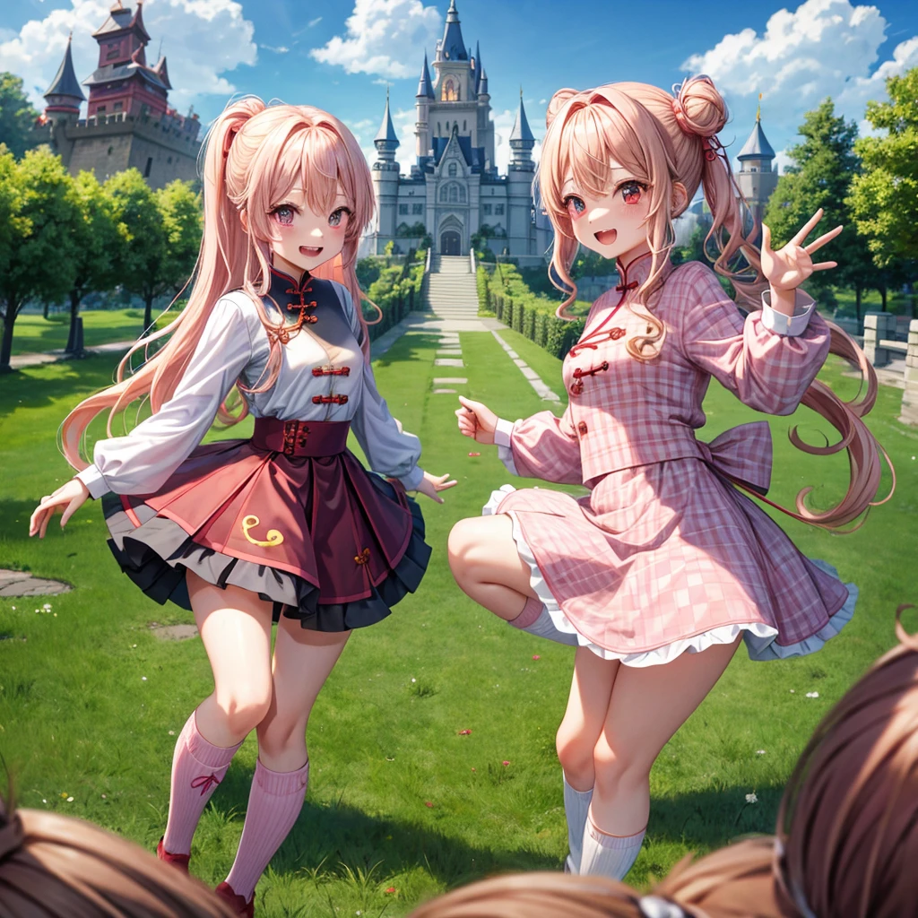 Pink Blonde、Red eyes、Wavy Hair、Hair tied up、Two cute、Checked mini skirt、China、Knee-high socks、Teeth are visible、Monster Castle、Tilting face、grass、There's a stake stuck in the ground、In front of the city gates、Underground tunnels、Iron suspension bridge、The stone is cracked、Ashura Statue、Giant wood、There is a step on the ground、Piglet