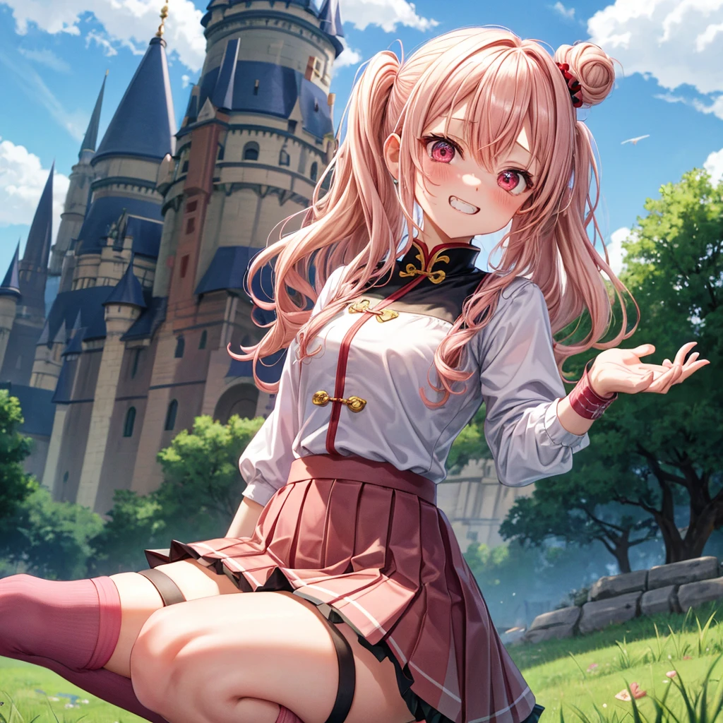 Pink Blonde、Red eyes、Wavy Hair、Hair tied up、Two cute、Checked mini skirt、China、Knee-high socks、Teeth are visible、Monster Castle、Tilting face、grass、There's a stake stuck in the ground、In front of the city gates、Underground tunnels、Iron suspension bridge、The stone is cracked、Ashura Statue、Giant wood、There is a step on the ground、Piglet