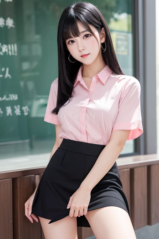 ((knee shot)), Shot from a random perspective, 20-year-old Asian model, slim, Slimming the waist, Heavy makeup, Gorgeous makeup, delicated face, cabellos largos dorados, curlies, Pink lace shirt, White pleated skirt, slender leg, Cross ed leg, In the classroom, sitting on the classroom desk, warm lights, a warm color palette, Dynamic pose, posing elegantly, tmasterpiece