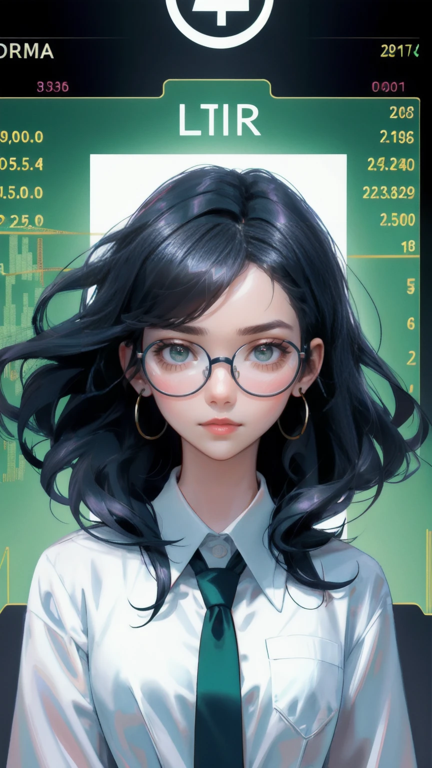 Create a comic-style illustration of a young woman with a serious yet bewildered expression, surrounded by an array of financial symbols, market trends, and stock market graphs. She wears large, exaggerated round glasses that make her eyes appear wide and curious. Her clothing is casual yet professional— a button-up blouse and a loose necktie, with her sleeves rolled up to indicate she's in the middle of intense financial analysis.

The background should be a vibrant green, filled with fluctuating stock market charts, numerical data, and cryptocurrency symbols like Bitcoin, Ethereum, and Litecoin, to represent the unpredictability of the financial world. The setting should convey a lighthearted take on financial analysis, filled with intricate details, and no text should be added to the image.