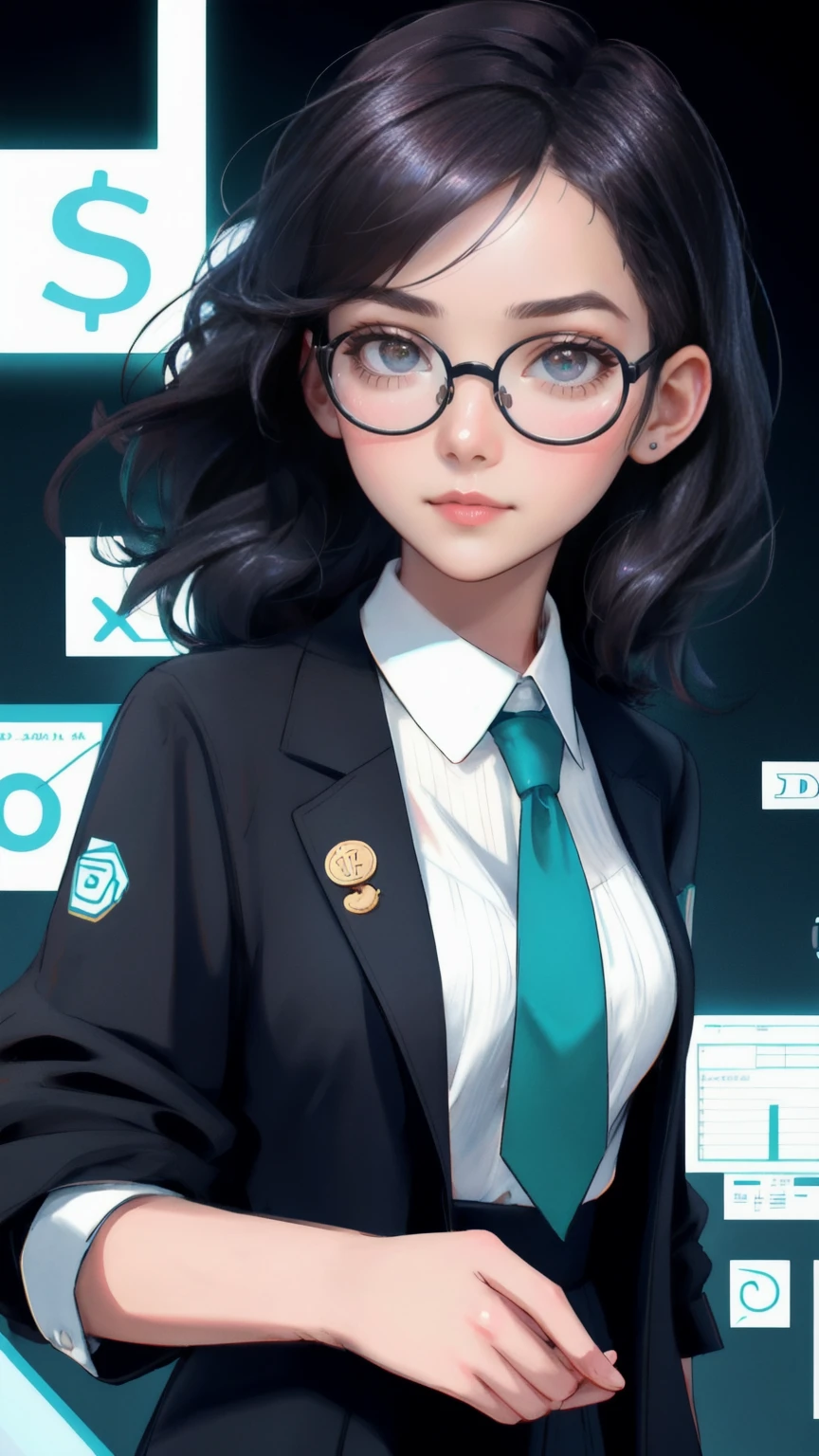 Create a comic-style illustration of a young woman with a serious yet bewildered expression, surrounded by an array of financial symbols, market trends, and stock market graphs. She wears large, exaggerated round glasses that make her eyes appear wide and curious. Her clothing is casual yet professional— a button-up blouse and a loose necktie, with her sleeves rolled up to indicate she's in the middle of intense financial analysis.

The background should be a vibrant green, filled with fluctuating stock market charts, numerical data, and cryptocurrency symbols like Bitcoin, Ethereum, and Litecoin, to represent the unpredictability of the financial world. The setting should convey a lighthearted take on financial analysis, filled with intricate details, and no text should be added to the image.