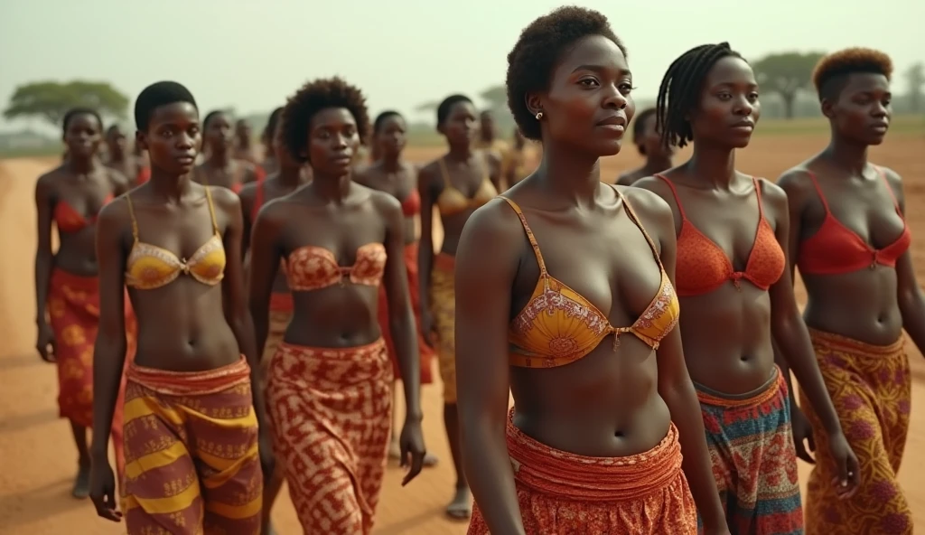 African countryside scene, with many young women (very large breasts) (beautiful) ((face detail), walking along a dirt road. They are participating in a large parade. All are wearing old colored bras, traditional African skirts. with a large number of people appearing on the trail, stretching to the horizon. The image creates a special scene with the dense and synchronized presence of many people. Photo from above, looking down, to the right