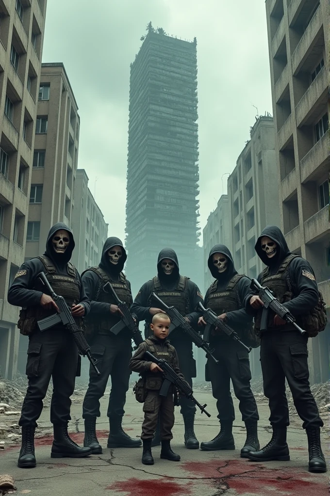 Make 7 people and among them 2 small in height, all of them are dressed in army pant and army hoodie wearing skull mask and all of them have AK-47 and All of them have backpack. The scene takes place at a abandoned city with cloudy sky, some amount of bloods are on the road, and the buildings looks horrifying because of black windows. A half skyscraper stoods with Black windows.