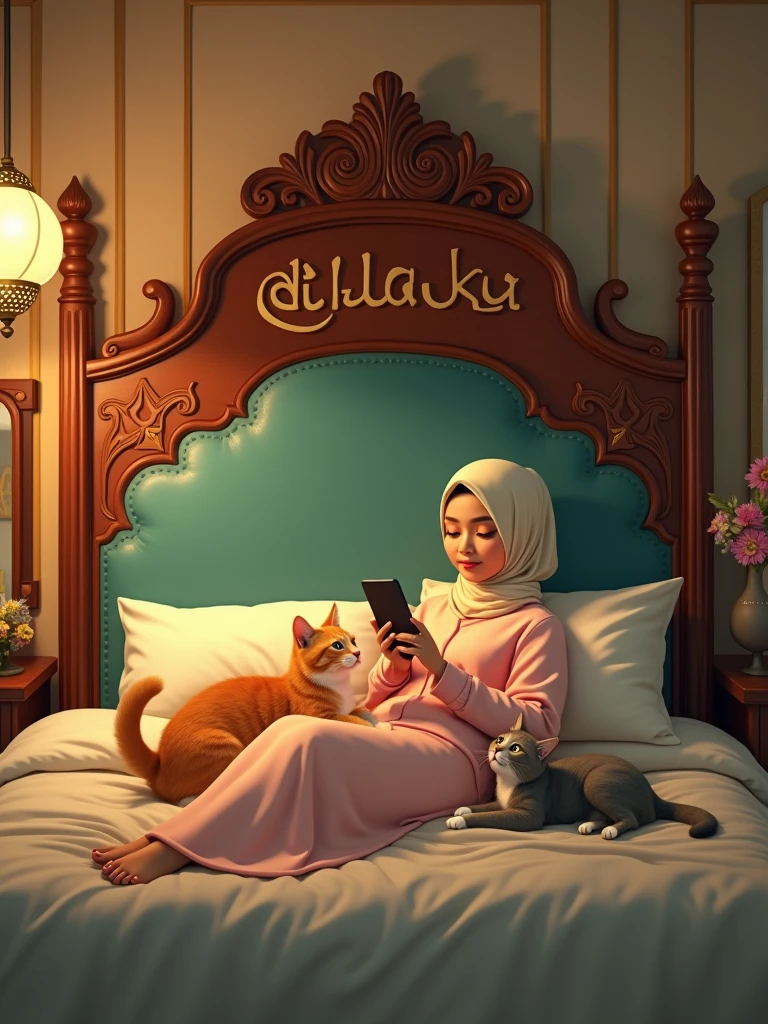 High Resolution, Smile, Best Quality, Photo of a cozy bedroom with an Asian woman playing with her mobile phone in bed. She wore a light cream colored hijab and a bright colored long-sleeved nightgown. Two cats, a ginger cat and a gray cat with white paws, were with him. The bed is an ornate wooden bed with a tall, intricately carved headboard and footboard and inscribed with the name “DILLA KU” in magnificent cursive letters. This room has a turquoise upholstered headboard with a small ornate mirror and a vase of flowers on the bedside table. Warm light came from the hanging lamp above the bed, casting a soft glow onto the scene. The image is hand signed by "Ali babas" in the bottom right corner in black marker.