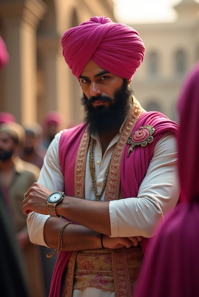 Sardar young man  in stylish dress with pink turban  and hi looks on watch his court on arm with walking 
