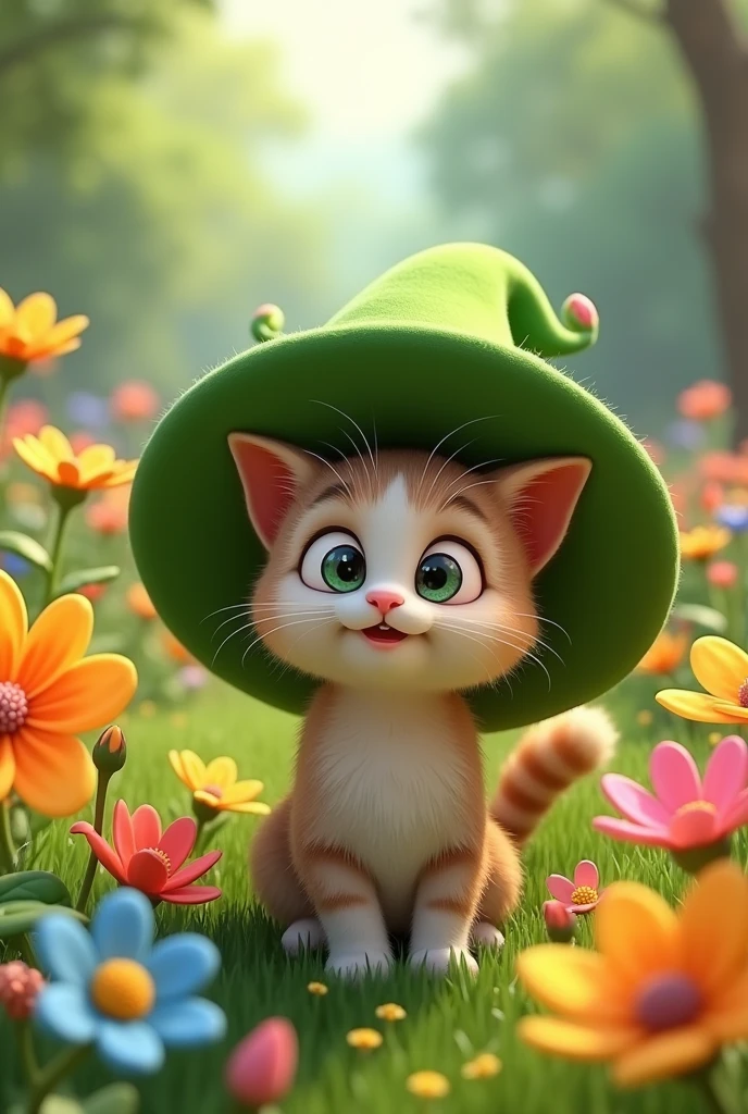 An aninated cute cat sitting in a green hat. The cat is outside in the garden. There are many flowers.  Animated. 