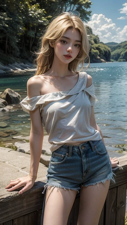 (masterpiece: 1.2, Portraiture, Highest quality), Realistic, (Live Action, Intricate details, Written boundary depth), Highest quality, masterpiece, Attention to detail, semi-Realistic, Admission to Lake Shy, 2, Short blonde, blue eyes, blonde、 Slim figure、Shoulder Bare、Shorts and T-shirt 、Blue sky and a few clouds、Shoulder Bare