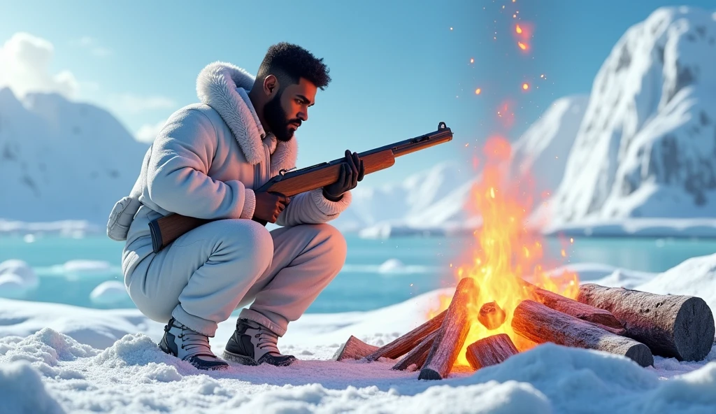Animation A black young man in a white full snow field soldier's uniform with a log fire warming up his weapon on the Antarctic ice mountain and ocean