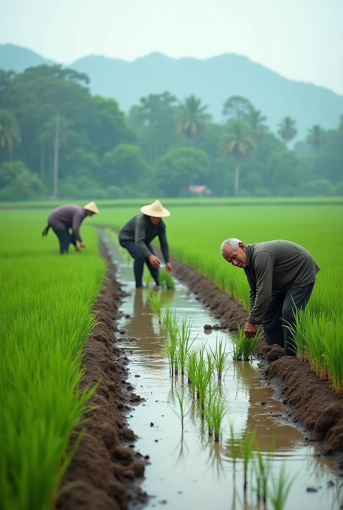 Rainy season in Cambodia. Farmers replant rice fields