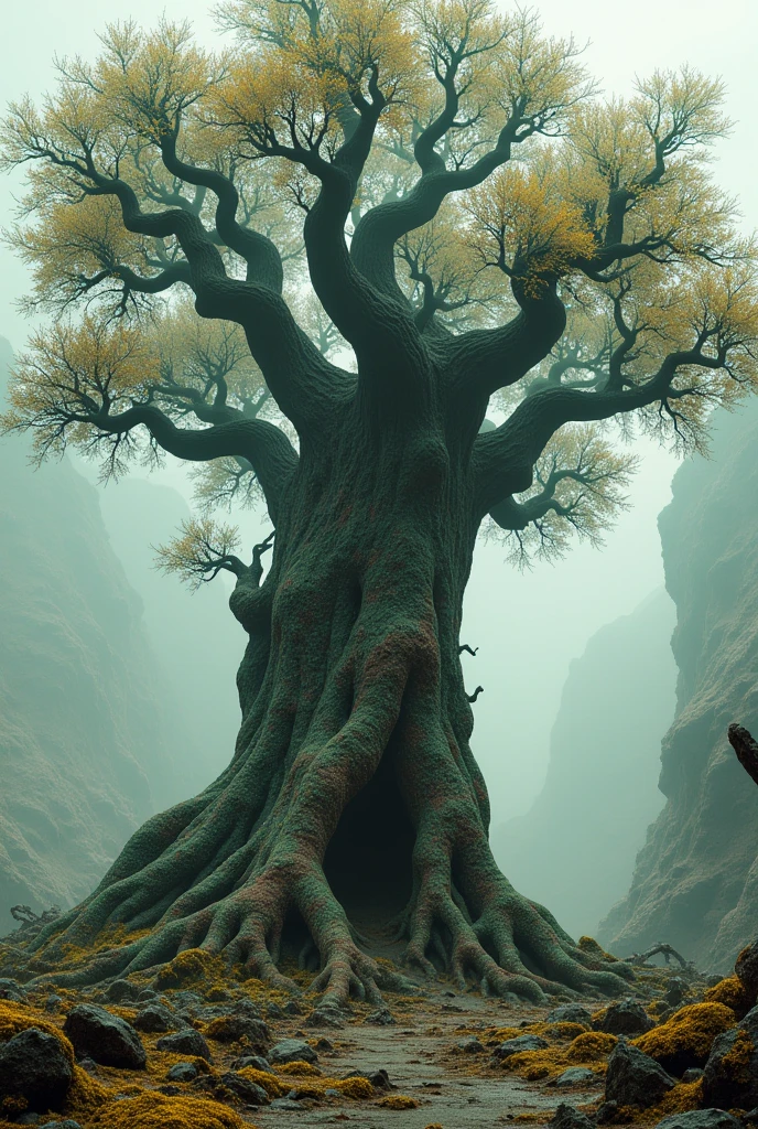 a big tree is growing from the ground.((corruption,entropy,decay,resilient, toxic)),((dark green,rusted brown, yellow greenish)),((deep wiew)),photographic,ultra high resolution,hyperdetailed, masterpiece, 3d modelling, digital art.