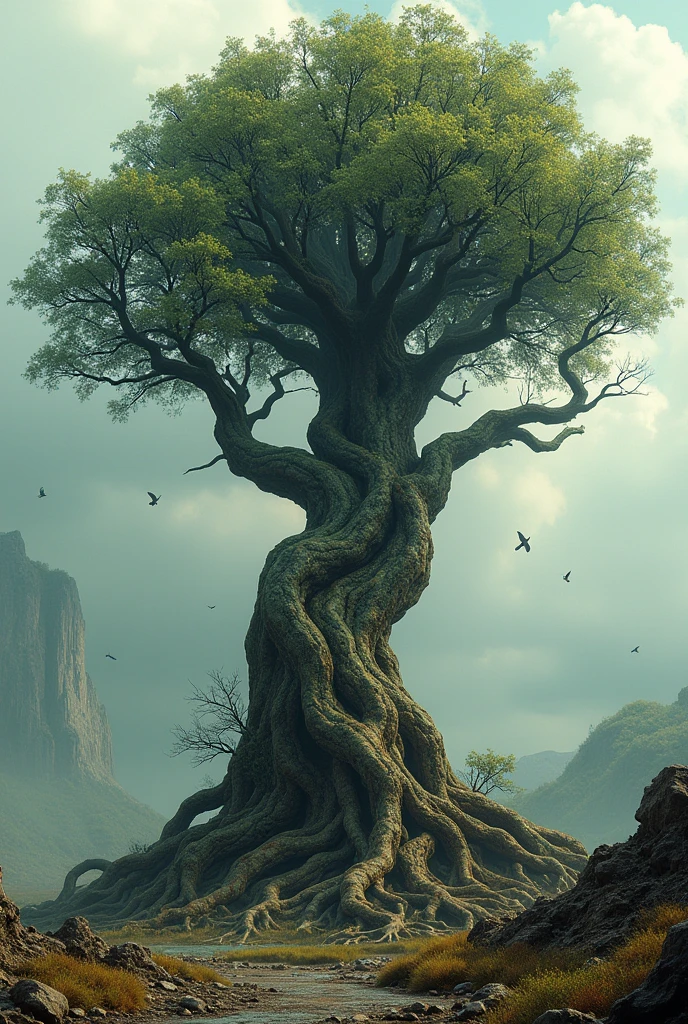 a big tree is growing from the ground.((corruption,entropy,decay,resilient, toxic)),((dark green,rusted brown, yellow greenish)),((deep wiew)),photographic,ultra high resolution,hyperdetailed, masterpiece, 3d modelling, digital art.