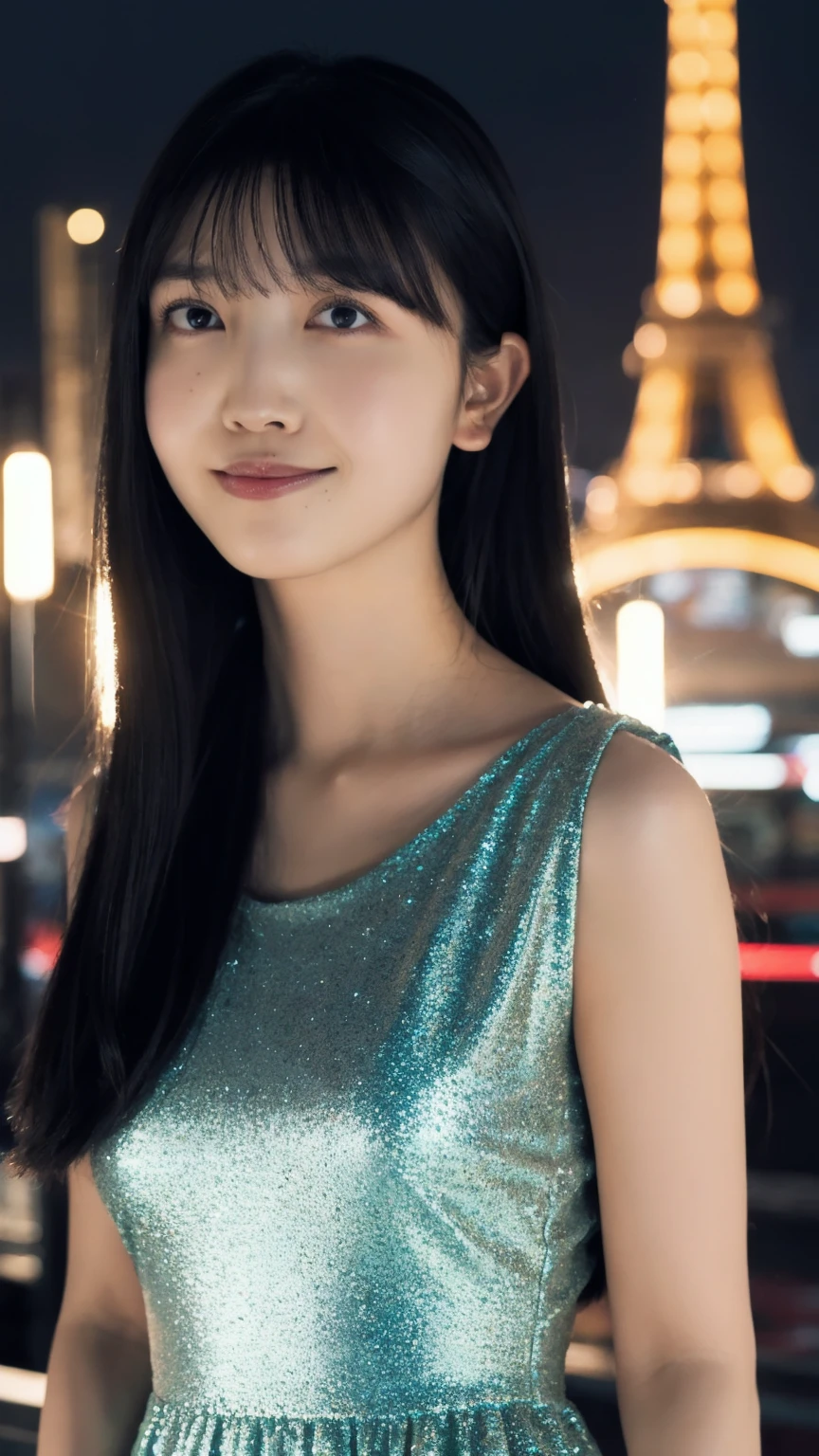 1girl,(wearing a blue glittery evening dress:1.2),(RAW photo, best quality), (realistic, photo-realistic:1.4), masterpiece, an extremely delicate and beautiful, extremely detailed, 2k wallpaper, Amazing, finely detail, extremely detailed CG unity 8k wallpaper, ultra-detailed, highres, soft light, beautiful detailed girl, extremely detailed eyes and face, beautiful detailed nose, beautiful detailed eyes,cinematic lighting,city lights at night,perfect anatomy,slender body,light smile,close up,(long hair with bangs)