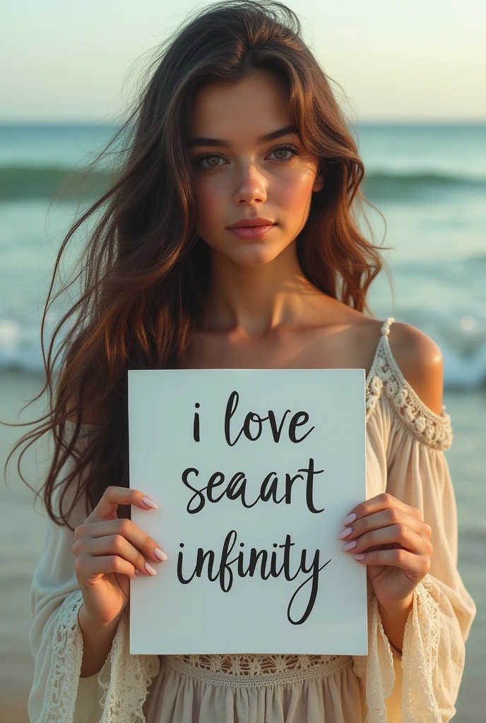 Beautiful girl with wavy long hair, bohemian dress, holding a white board with text "I Love Seaart Infinity" and showing it to the viewer