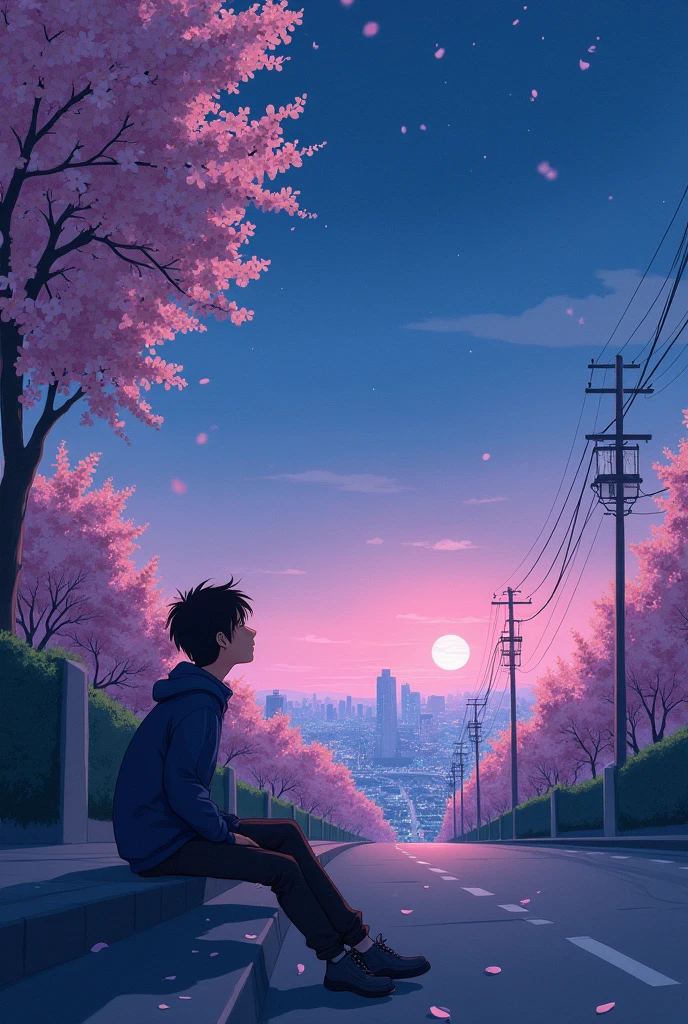 Lofi image of a guy sitting down on a street going down to the city staring at starry sky with pink purple and blue sky and a street with cityscape in background down below and cherry blossoms with slight petals falling