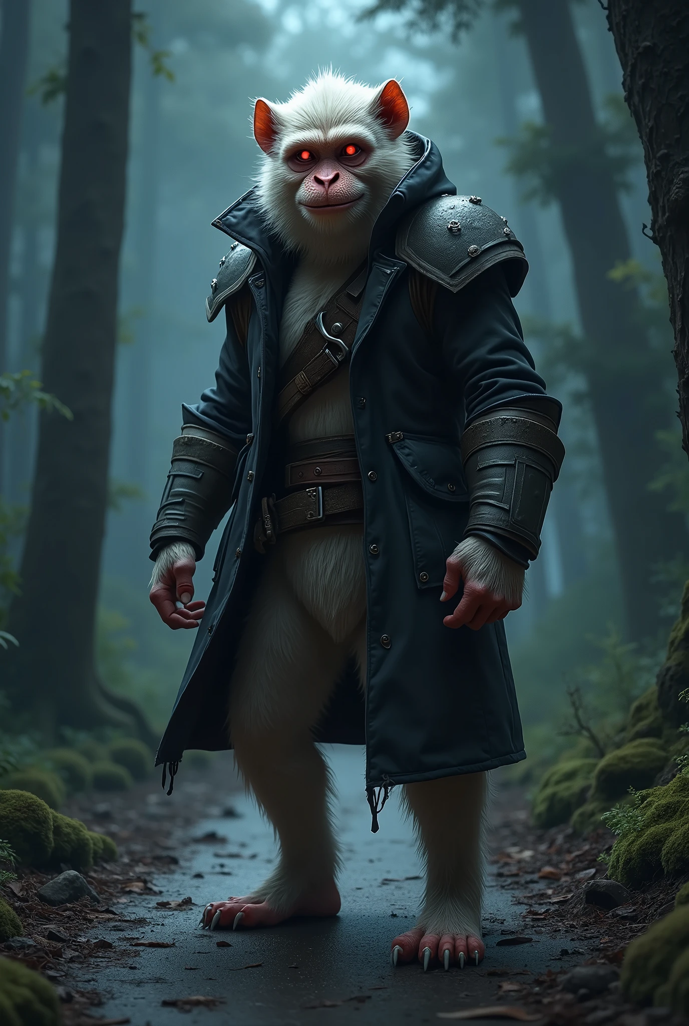 A manly human with monkey features, light coloured fur and bright red eyes, wearing a light armor on a full body black jacket coat, grinning and standing on a road of a night forest