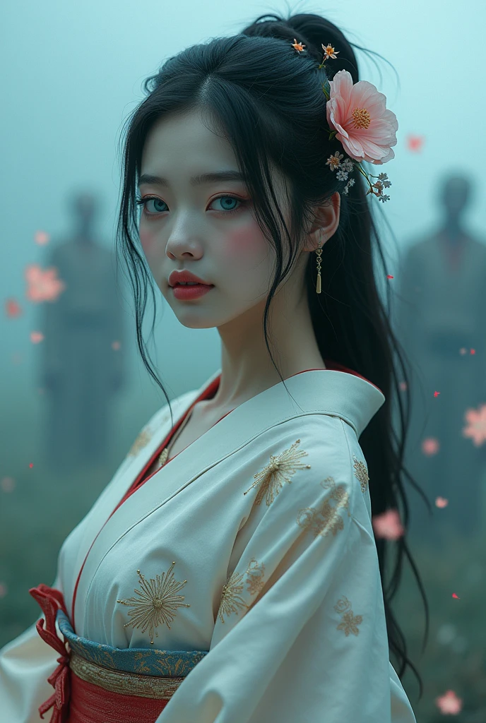 create a picture of a beautiful woman with details, a beautiful Japanese woman with messy flowing hair but full of cool concepts with details, a beautiful smooth enchanting face with beautiful blue eyes, all smooth skin with convincing details, very realistic and attractive, wearing traditional Japanese clothing with complicated details but so beautiful and graceful like a canvas painting, body facing to the side with face turned forward with a sweet smile, bubbles with detailed smoke effects, fog background with zombies that are faintly visible in the background behind a slightly thick fog, very realistic, sinematik
