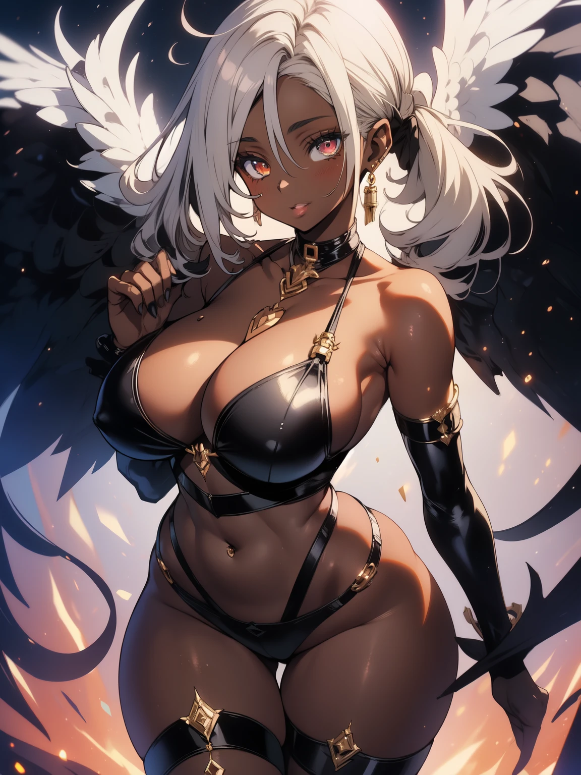 ((mature woman)), ((dark skin)), wide hips, ((milf)), sexy pose, highly detailed background, BREAK milf, ((dark skin)), cleavage, ((voluptuous body)), slender waist, thick thighs, suggestive look, shiny eyes, eye reflection, perfect eyes, pigtail, Overflowing breasts, ((Venus Body)), gray eyes, white hair, dark skin, lascivious look, muscular, very voluptuous, full body, big legs, very small waist, huge breasts, very lascivious, angel costume, well-aligned eyes, extremely detailed face, perfect face symmetry, More lascivious, More lascivious