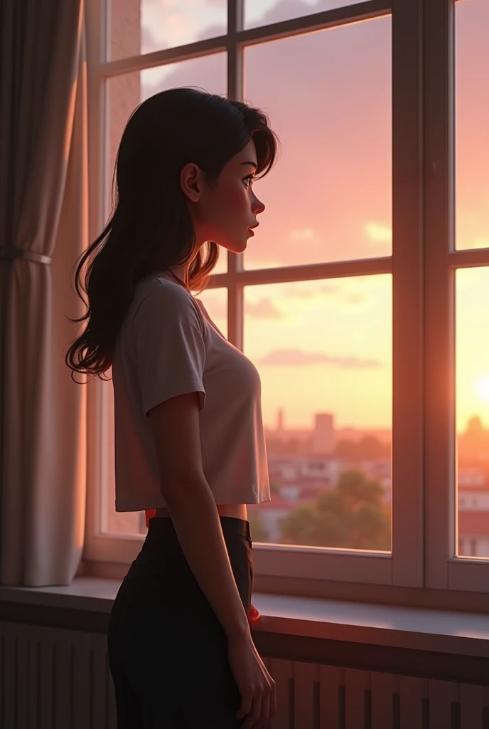 3D animation, personality: [Depict the second woman standing uncertainly near a window, looking outside with fear in her eyes. Her body language expresses worry, and her face shows a mix of anxiety and reluctance as she contemplates her situation, illuminated by the soft glow of the evening sun.] unreal engine, hyper real --q 2 --v 5.2 --ar 16:9