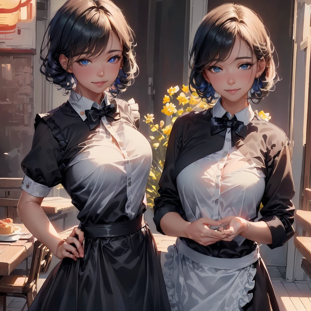 (8K, RAW Photos, 最high quality, masterpiece: 1.2), (Realistic, photoRealistic: 1.37), masterpiece, 最high quality, high quality, High resolution, one woman wearing a black dress and a white apron , detailed eyes, sweet smile, a cook, medium breasts, short hair with delicate twists at the ends, at her roadside restaurant