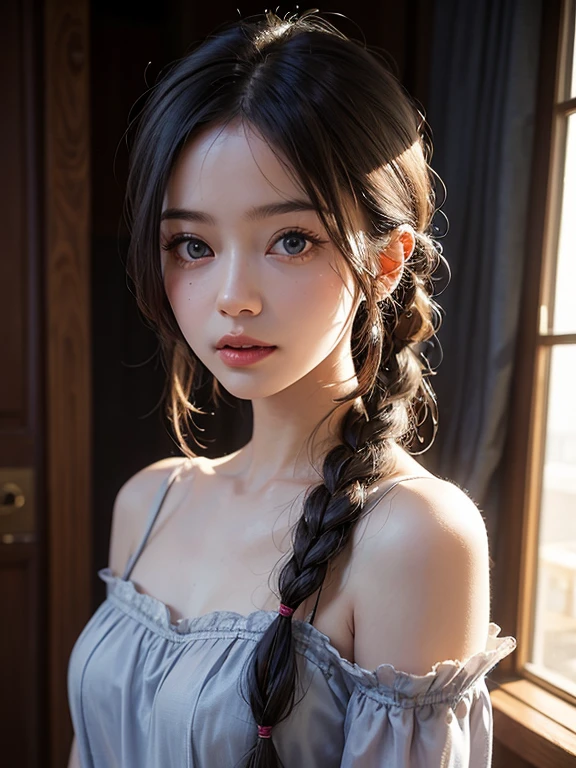 (masterpiece: 1.2, Portraiture, Highest quality), Realistic, (Live Action, Intricate details, Written boundary depth), Highest quality, masterpiece, Attention to detail, semi-Realistic, 朝にDrink coffee , shy, 2, short hair, blue eyes, Gray Hair、 Slim figure、Shoulder Bare、Basking in the morning sun、Morning light shines through the gap in the curtains, Wearing a nightgown, Drink coffee、Dark Room;1.5、Pitch-dark room、early morning、Braided hair