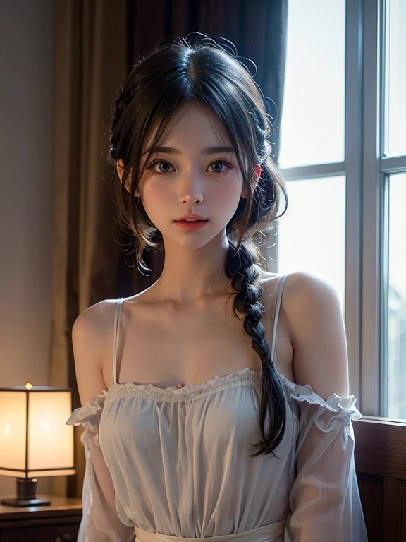 (masterpiece: 1.2, Portraiture, Highest quality), Realistic, (Live Action, Intricate details, Written boundary depth), Highest quality, masterpiece, Attention to detail, semi-Realistic, 朝にDrink coffee , shy, 2, short hair, blue eyes, Gray Hair、 Slim figure、Shoulder Bare、Basking in the morning sun、Morning light shines through the gap in the curtains, Wearing a nightgown, Drink coffee、Dark Room；1.5、Pitch-dark room、early morning、Braided hair