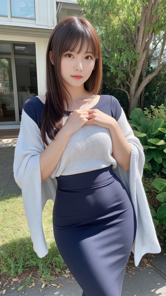 ((Best of the highest quality, 8k, Masterpiece: 1.3, raw photo)), Sharp focus: 1.2, (1 AESPA girl: 1.1), (Solo: 1.18), (realistic, photo-realistic:1.37), face focus, cute face, finely eyes, (Small breasts, flat chest, Thigh: 1.3), (business suit skirt: 1.2), short messy hair, updo, (Roll up the skirt: 1.2), (Lift skirt hem), (Lifting skirt while standing to show off under hair to us: 1.4), garden, flower,