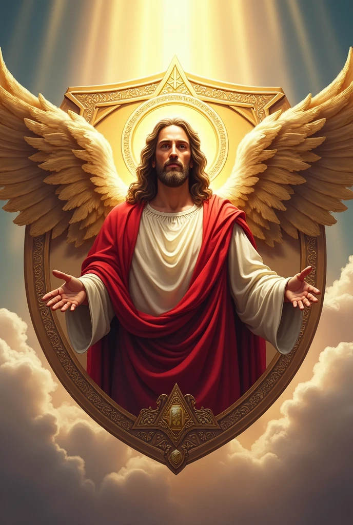 create a shield for my tik tok profile with the theme I AM A WINNER, on the shield I want an image of Jesus and a heavenly warrior, make it small and circular to fit the profile 