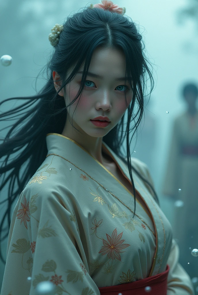 create a picture of a beautiful woman with details, a beautiful Japanese woman with messy flowing hair but full of cool concepts with details, a beautiful smooth enchanting face with beautiful blue eyes, all smooth skin with convincing details, very realistic and attractive, wearing traditional Japanese clothing with complicated details but so beautiful and graceful like a canvas painting, body facing to the side with face turned forward with a sweet smile, bubbles with detailed smoke effects, fog background with zombies that are faintly visible in the background behind a slightly thick fog, very realistic, sinematik