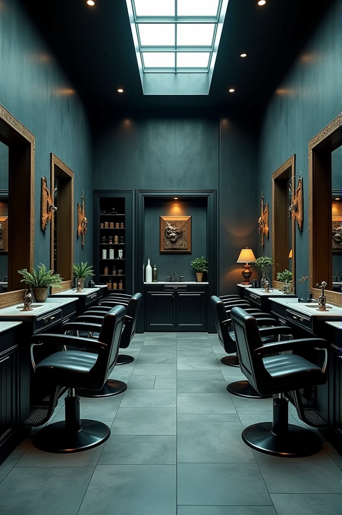 A rectangular surfaced beauty saloon with and threatening chair and a hair chair washing and some other decorative items on tje walls and the ground