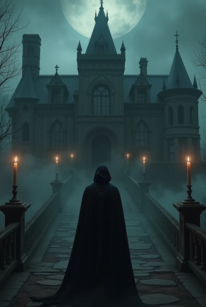 Horror black cape  manor standing on stairs with smoke and candles