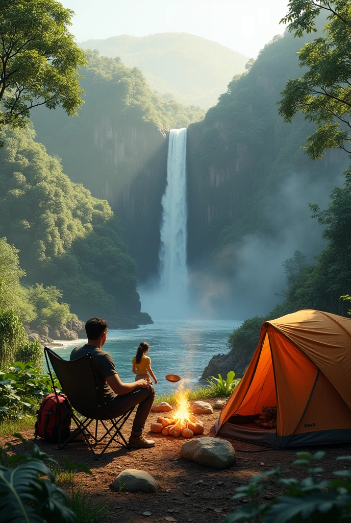 Photorealism 1.4 realistic realism high detailed definition campsite jungle at hills facing rmwaterfall man sitting on the chair morning mode campfire tent view from the air bagpack beside big tent women cooking view from above