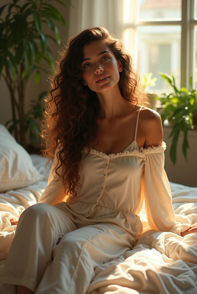 (photorealism:1.2), beautiful woman, sitting on bed, wearing loose off-shoulder top, pajama pants, long curly hair, indoors, soft lighting, plants in background, window with sunlight, cozy room, relaxed pose, realistic, intricate details, warm colors, by Greg Rutkowski, by Alphonse Mucha